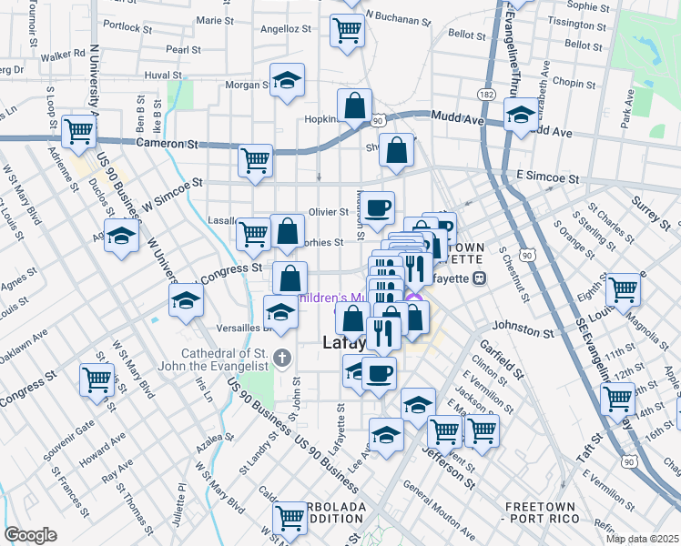 map of restaurants, bars, coffee shops, grocery stores, and more near Lafayette Street in Lafayette