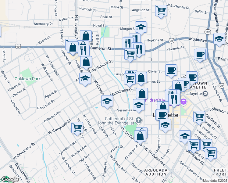 map of restaurants, bars, coffee shops, grocery stores, and more near 137 Cedar Crest Court in Lafayette