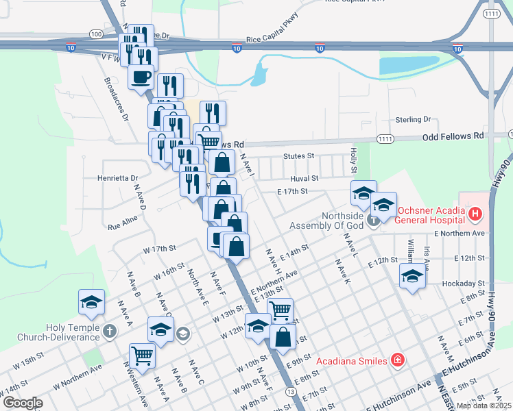 map of restaurants, bars, coffee shops, grocery stores, and more near 1701 North Avenue I in Crowley
