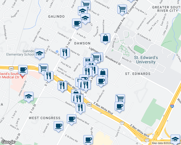 map of restaurants, bars, coffee shops, grocery stores, and more near 121 Pickle Road in Austin