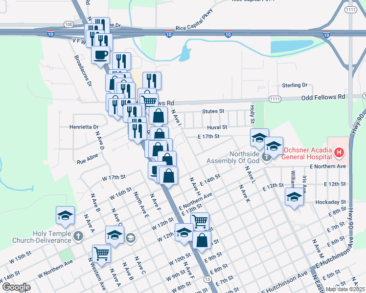 map of restaurants, bars, coffee shops, grocery stores, and more near 1701 North Avenue I in Crowley