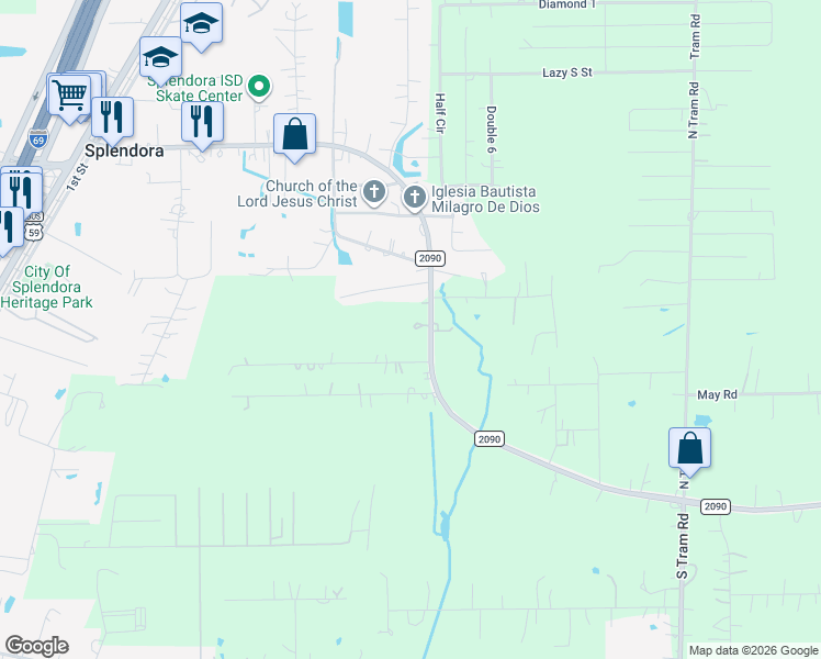map of restaurants, bars, coffee shops, grocery stores, and more near 26830 Farm to Market Road 2090 in Splendora