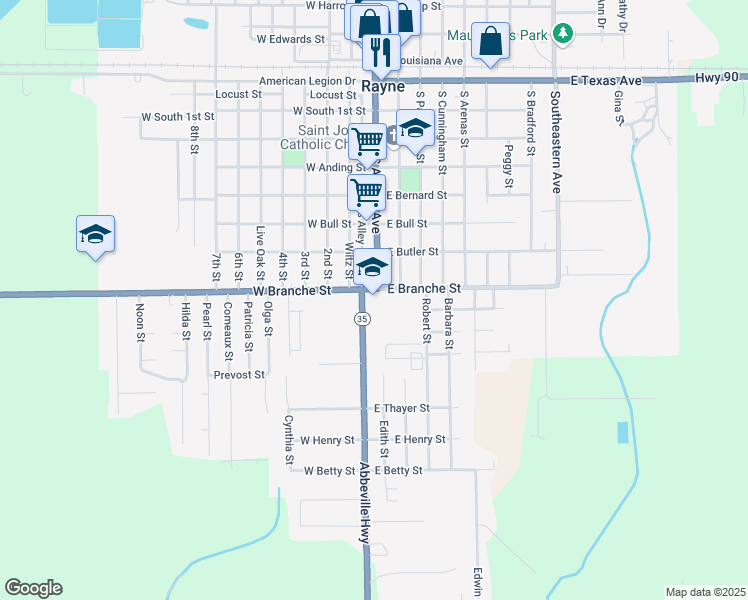 map of restaurants, bars, coffee shops, grocery stores, and more near 101 East Branche Street in Rayne
