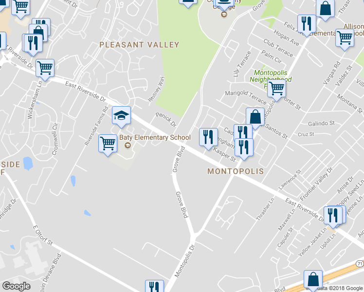 map of restaurants, bars, coffee shops, grocery stores, and more near E Riverside Dr & Grove Blvd in Austin