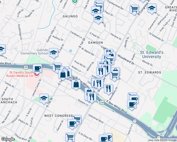 map of restaurants, bars, coffee shops, grocery stores, and more near 3809 Wilson Street in Austin
