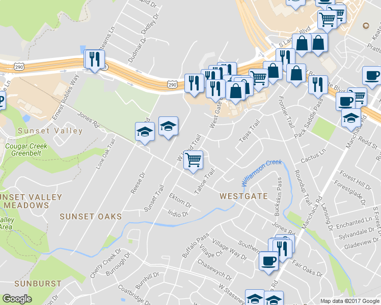 map of restaurants, bars, coffee shops, grocery stores, and more near 4906 Winding Trail in Austin