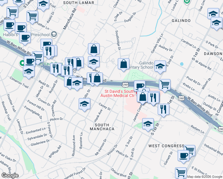 map of restaurants, bars, coffee shops, grocery stores, and more near 1221 West Ben White Boulevard in Austin