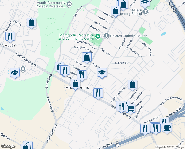 map of restaurants, bars, coffee shops, grocery stores, and more near 1601 Montopolis Drive in Austin