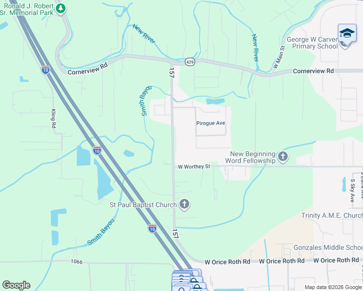 map of restaurants, bars, coffee shops, grocery stores, and more near 11038 Boudreaux Road in Gonzales