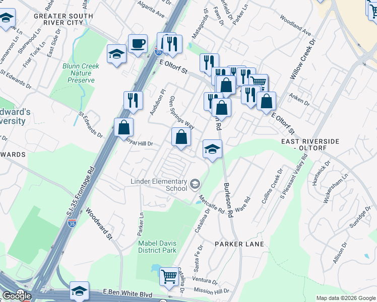 map of restaurants, bars, coffee shops, grocery stores, and more near 2004 Tripshaw Lane in Austin