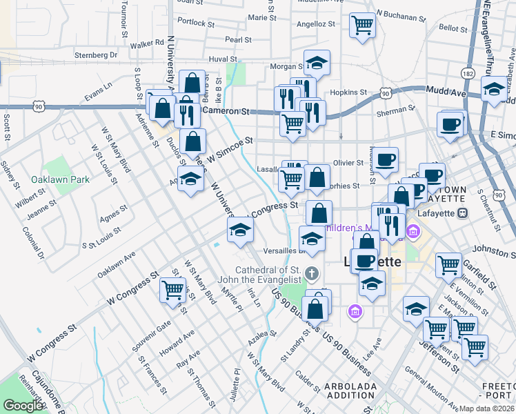 map of restaurants, bars, coffee shops, grocery stores, and more near 137 Cedar Crest Court in Lafayette