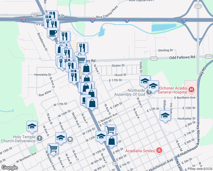 map of restaurants, bars, coffee shops, grocery stores, and more near 401-403 East 16th Street in Crowley