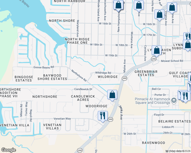 map of restaurants, bars, coffee shops, grocery stores, and more near 4316 Northshore Road in Lynn Haven