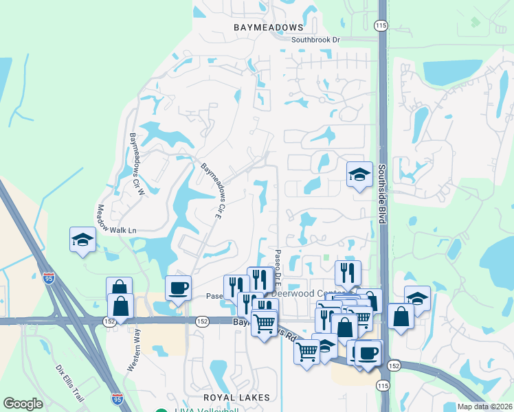 map of restaurants, bars, coffee shops, grocery stores, and more near 7859 Echo Springs Road in Jacksonville