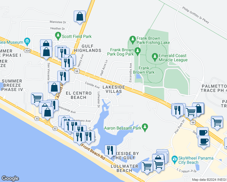 map of restaurants, bars, coffee shops, grocery stores, and more near 16418 Castile Ave in Panama City Beach