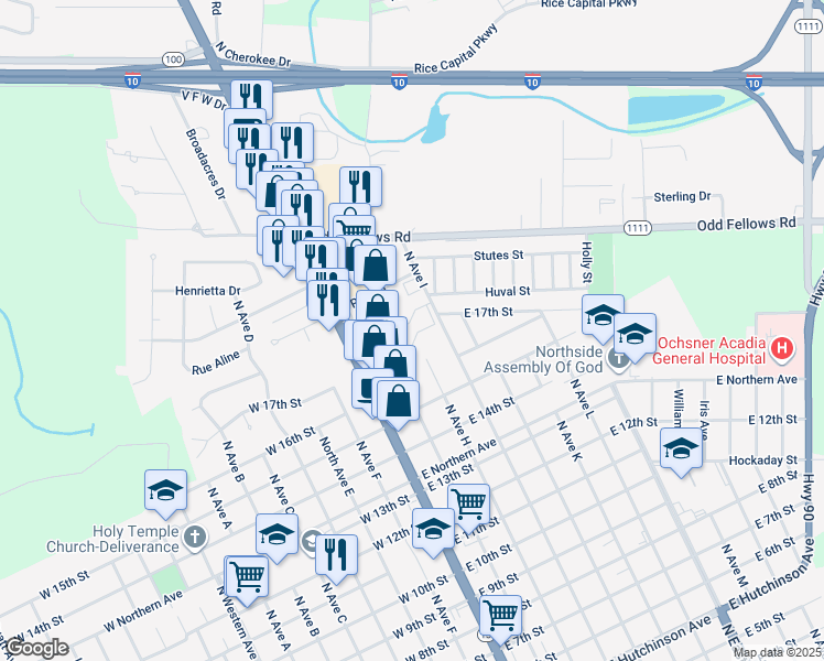 map of restaurants, bars, coffee shops, grocery stores, and more near 1598 North Ave H in Crowley