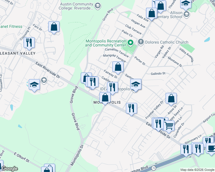 map of restaurants, bars, coffee shops, grocery stores, and more near 6200 Kasper Street in Austin