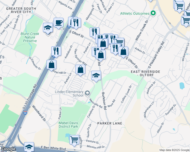 map of restaurants, bars, coffee shops, grocery stores, and more near 2616 Reeves Circle in Austin