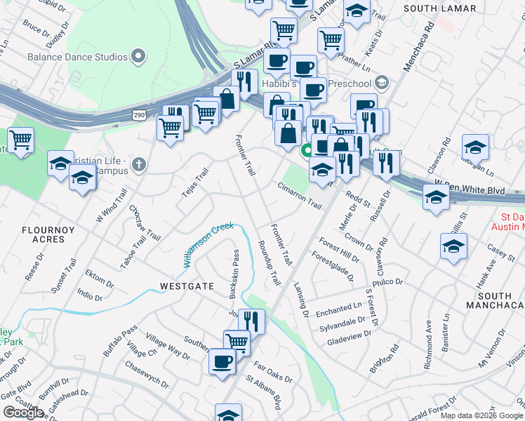 map of restaurants, bars, coffee shops, grocery stores, and more near 4608 Frontier Trail in Austin