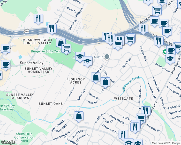 map of restaurants, bars, coffee shops, grocery stores, and more near 5006 West Wind Trail in Austin