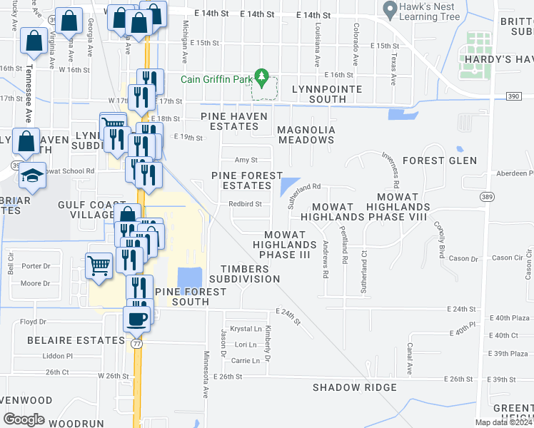 map of restaurants, bars, coffee shops, grocery stores, and more near 706 Hummingbird Street in Lynn Haven