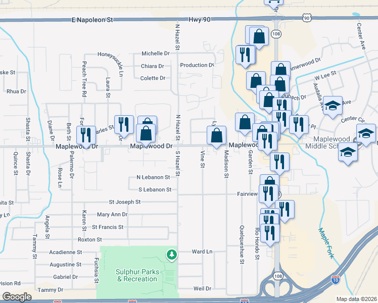 map of restaurants, bars, coffee shops, grocery stores, and more near 103 S Hazel St in Sulphur
