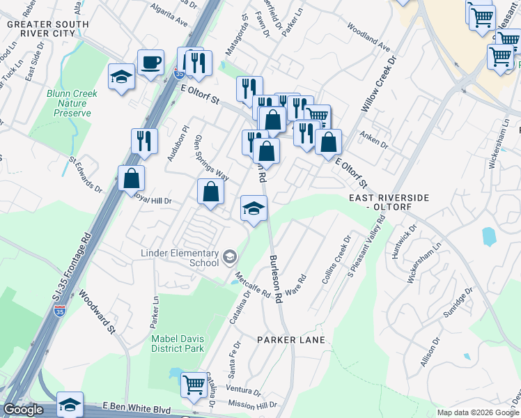 map of restaurants, bars, coffee shops, grocery stores, and more near 2620 Burleson Road in Austin