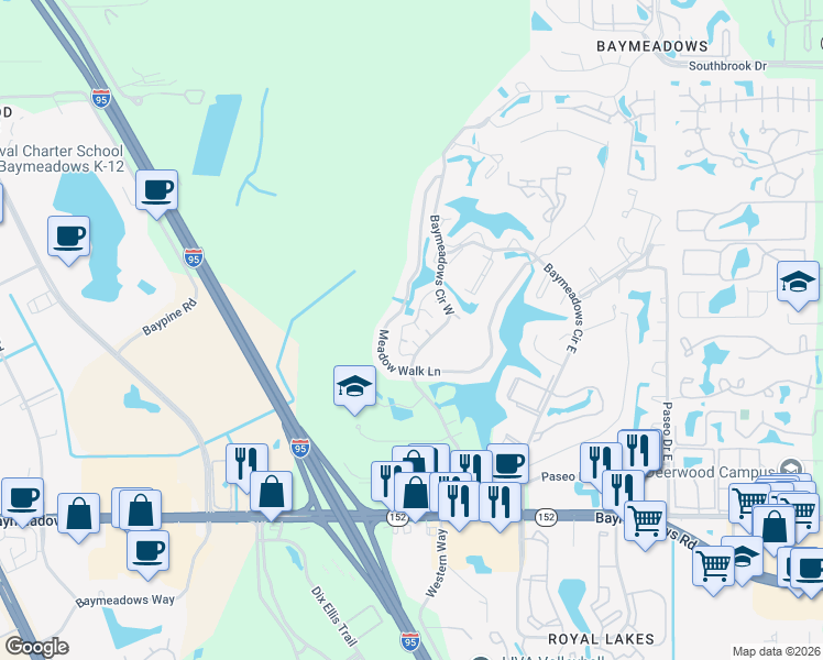 map of restaurants, bars, coffee shops, grocery stores, and more near 9210 Spyglass Court in Jacksonville