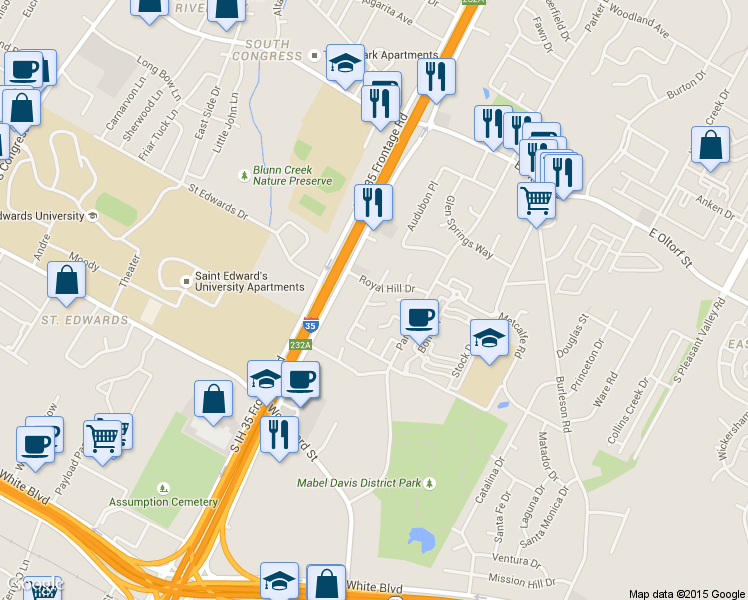map of restaurants, bars, coffee shops, grocery stores, and more near 1702 Timberwood Drive in Austin