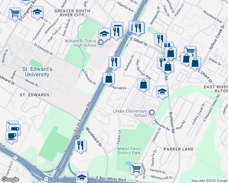 map of restaurants, bars, coffee shops, grocery stores, and more near 1710 Timber Brush Trail in Austin