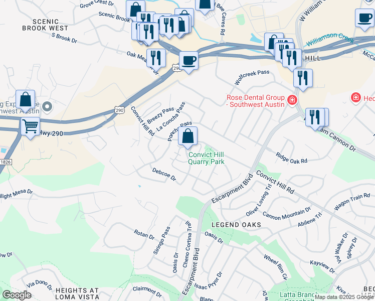 map of restaurants, bars, coffee shops, grocery stores, and more near 7500 Shadowridge Run in Austin