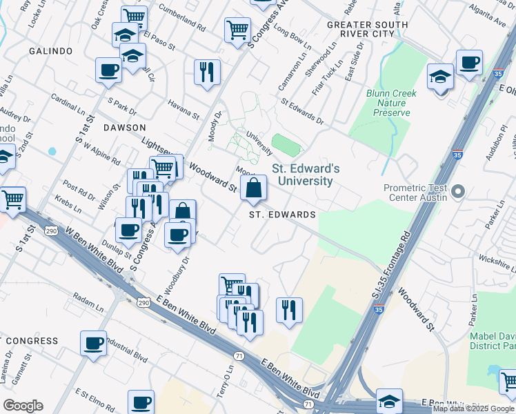 map of restaurants, bars, coffee shops, grocery stores, and more near 425 Woodward Street in Austin