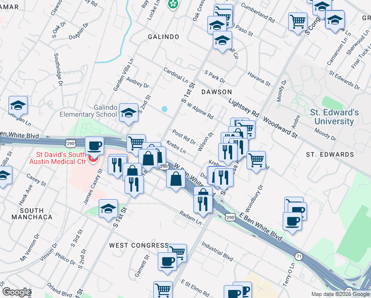 map of restaurants, bars, coffee shops, grocery stores, and more near 410 Krebs Lane in Austin