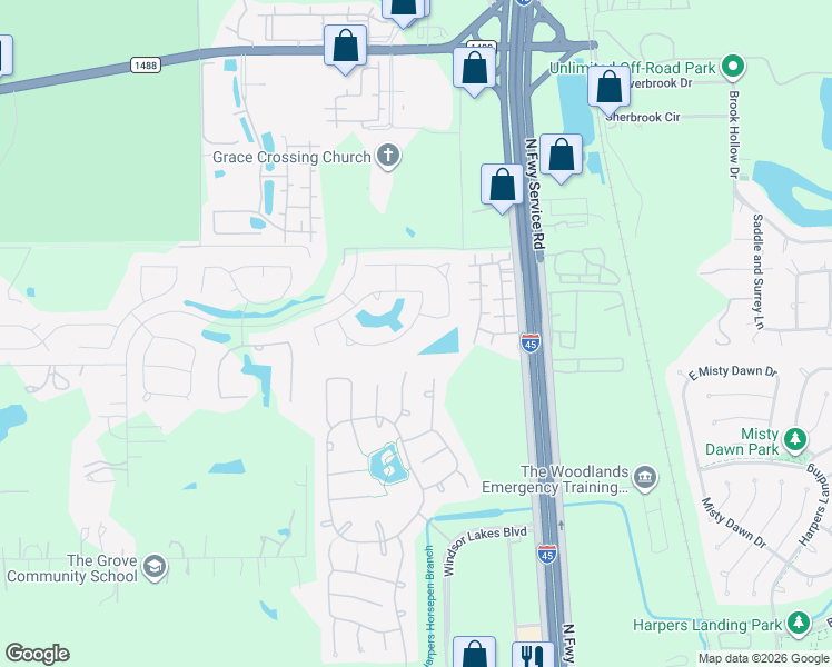 map of restaurants, bars, coffee shops, grocery stores, and more near 2156 Rope Maker Road in Conroe