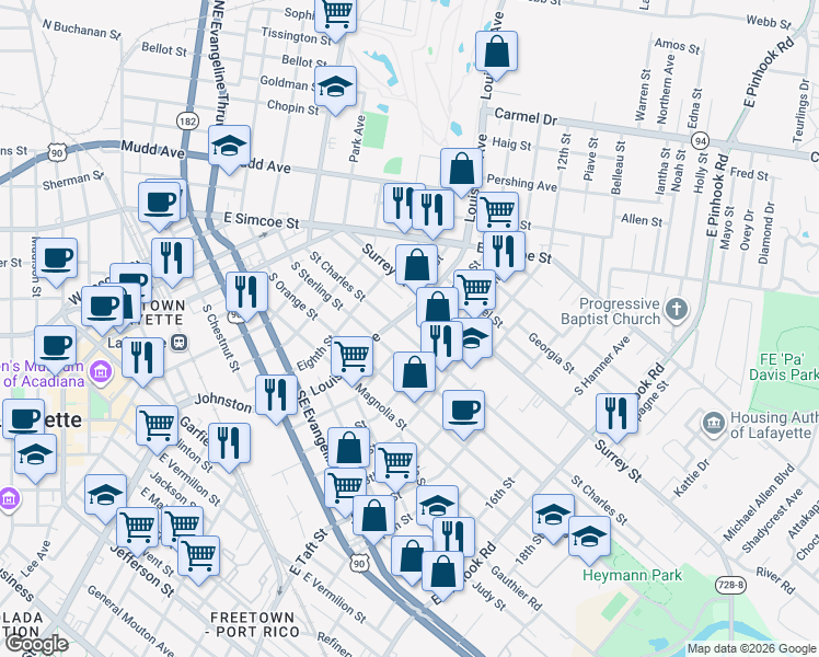 map of restaurants, bars, coffee shops, grocery stores, and more near 601 South Sterling Street in Lafayette