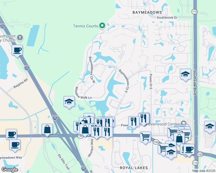 map of restaurants, bars, coffee shops, grocery stores, and more near 8279 Meadow Walk Lane in Jacksonville