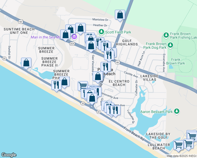 map of restaurants, bars, coffee shops, grocery stores, and more near 17104 Inca Avenue in Panama City Beach