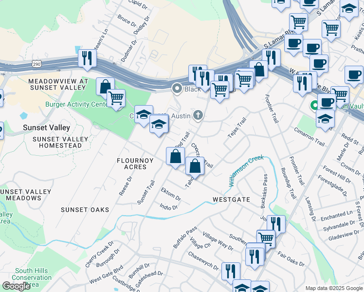 map of restaurants, bars, coffee shops, grocery stores, and more near 4906 Winding Trail in Austin