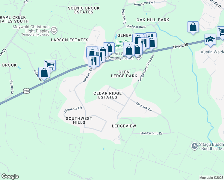 map of restaurants, bars, coffee shops, grocery stores, and more near 9800 Peakridge Drive in Austin
