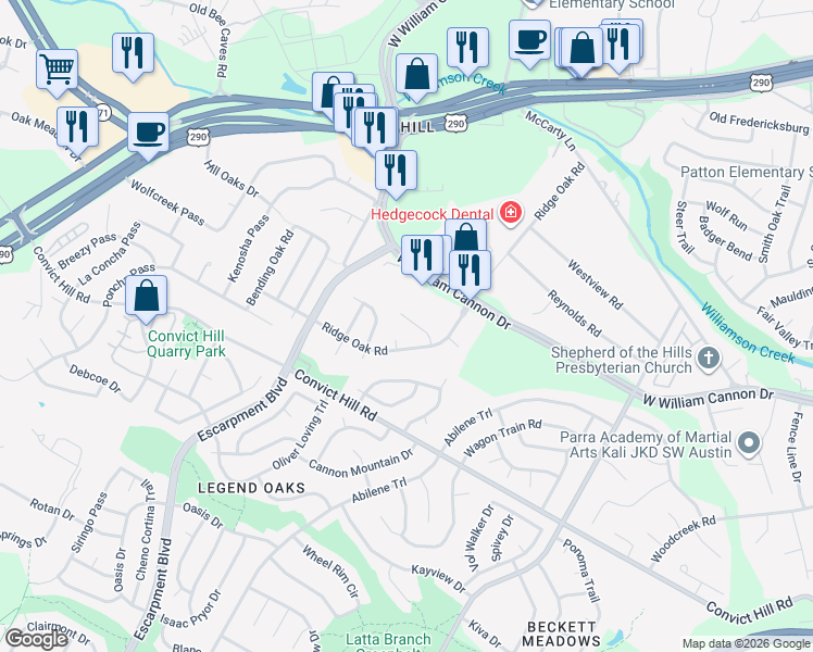 map of restaurants, bars, coffee shops, grocery stores, and more near 6023 Bel Fay Lane in Austin