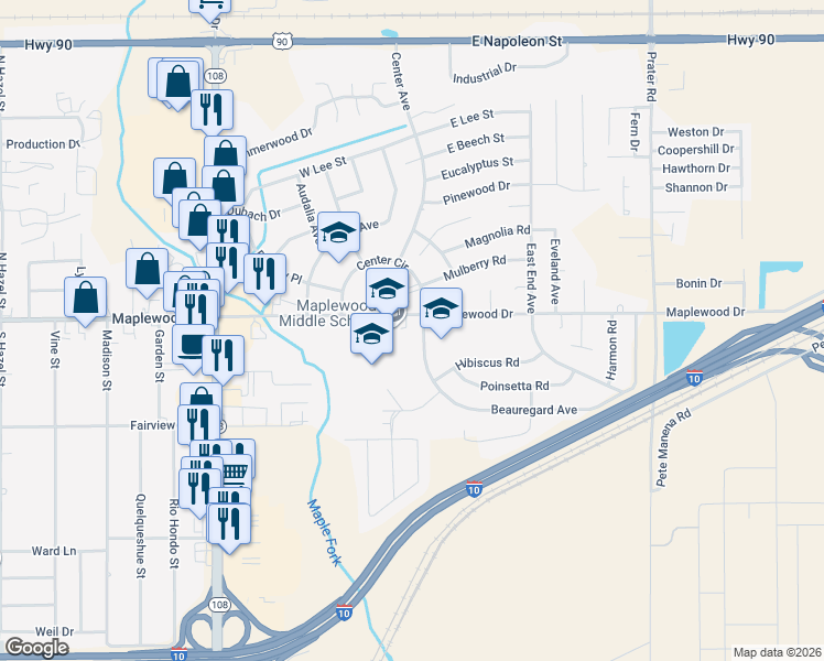 map of restaurants, bars, coffee shops, grocery stores, and more near 4401 Maplewood Drive in Sulphur