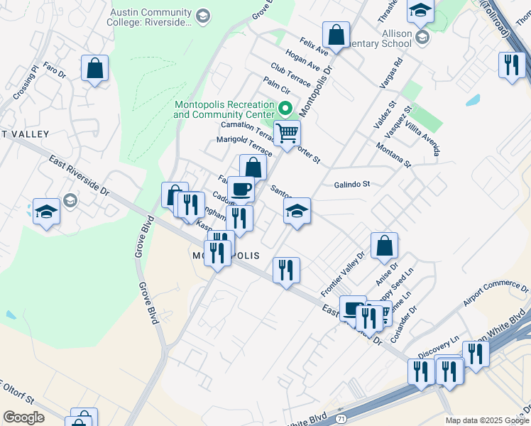 map of restaurants, bars, coffee shops, grocery stores, and more near 1601 Montopolis Drive in Austin
