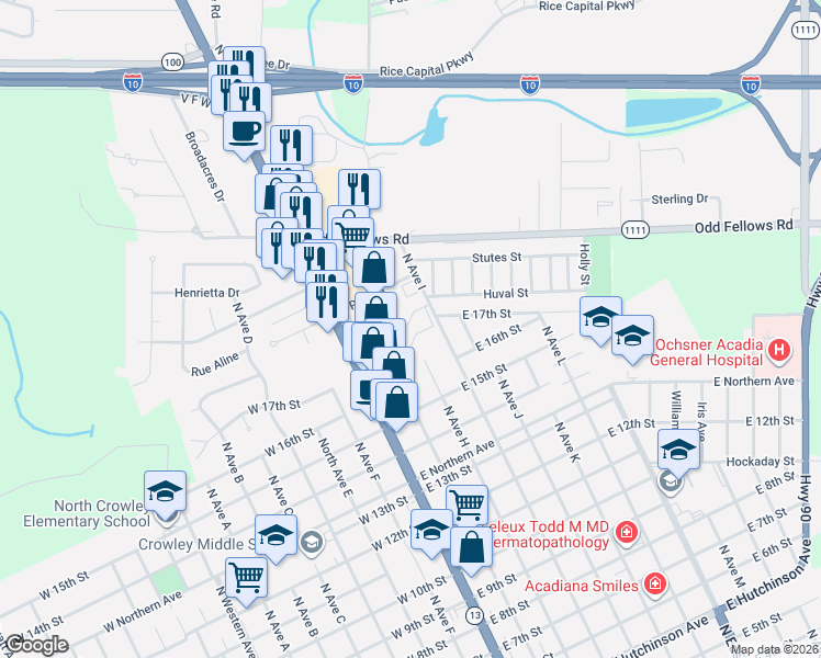 map of restaurants, bars, coffee shops, grocery stores, and more near 1598 North Ave H in Crowley