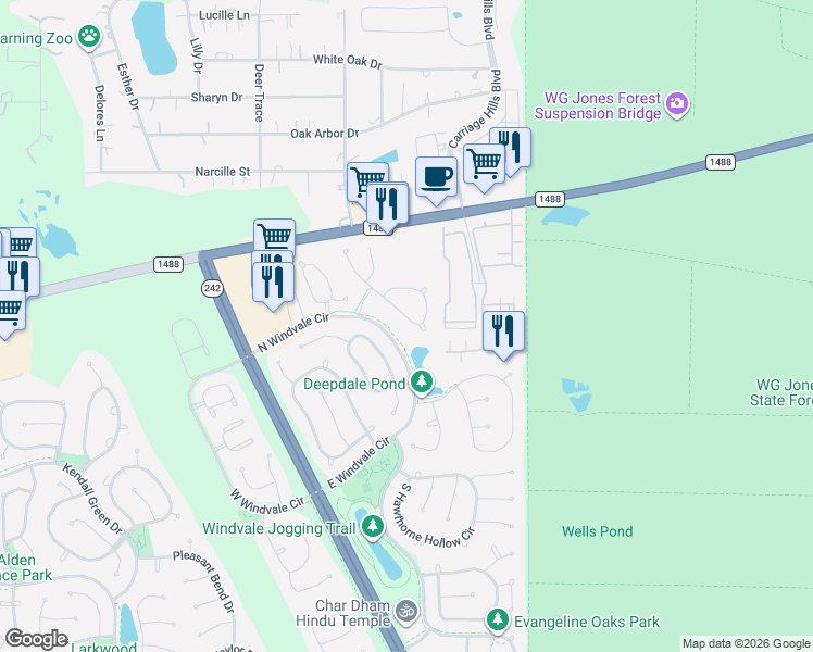 map of restaurants, bars, coffee shops, grocery stores, and more near 95 North Merryweather Circle in Conroe