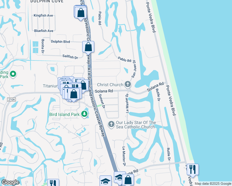 map of restaurants, bars, coffee shops, grocery stores, and more near 36 Valencia Street in Ponte Vedra Beach