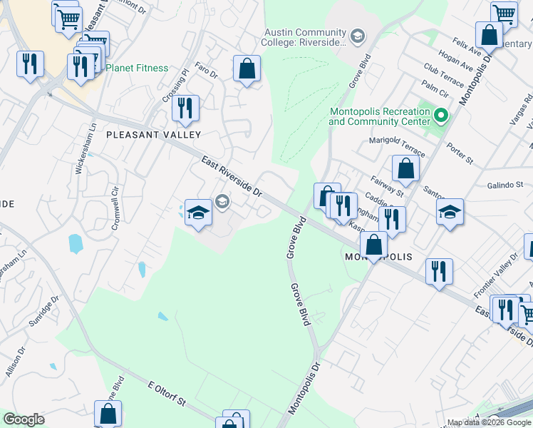 map of restaurants, bars, coffee shops, grocery stores, and more near 5701 East Riverside Drive in Austin