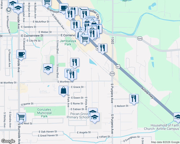 map of restaurants, bars, coffee shops, grocery stores, and more near 830 South Audubon Place Avenue in Gonzales