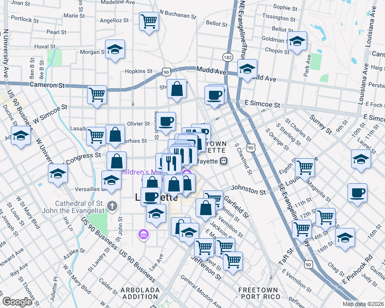map of restaurants, bars, coffee shops, grocery stores, and more near 302 Jefferson Street in Lafayette