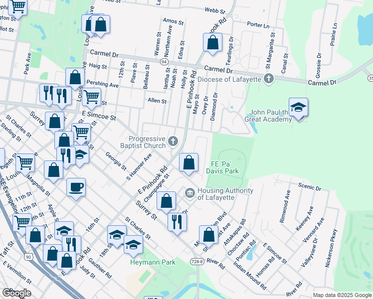 map of restaurants, bars, coffee shops, grocery stores, and more near 110 Dorian Drive in Lafayette