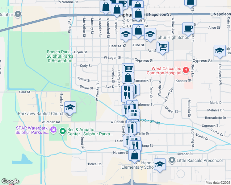 map of restaurants, bars, coffee shops, grocery stores, and more near 100-198 Ave D in Sulphur